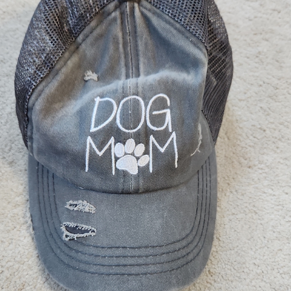 Dog Mom Gray Pony Tail Gray Distressed Ball Cap hat - OS
